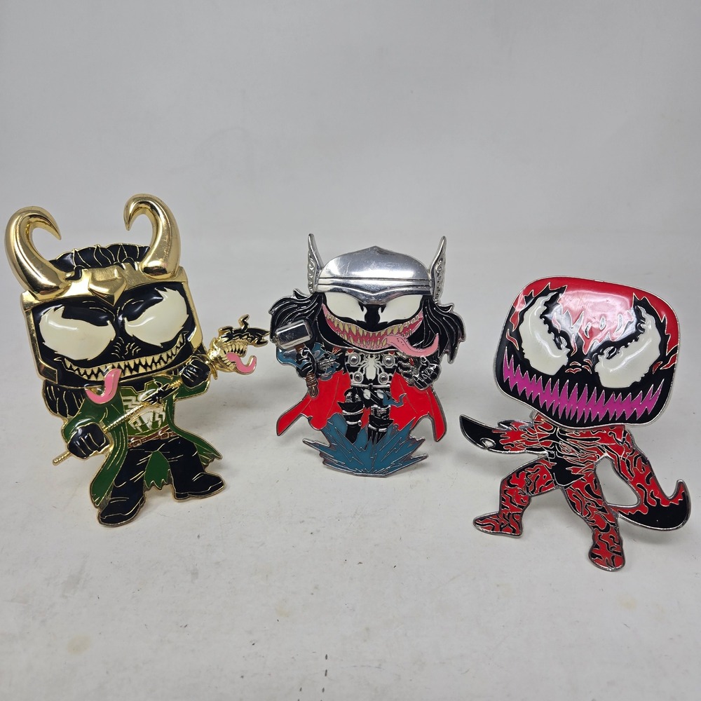 Marvel Funko Pop Venomized Loki Thor Carnage Enamel Pin Set 2022 Large Display